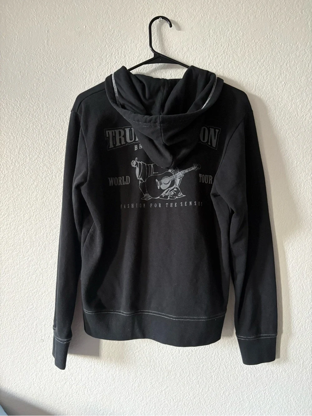 True Religion Black Zip-Up Hooded Sweatshirt with White Drawstrings